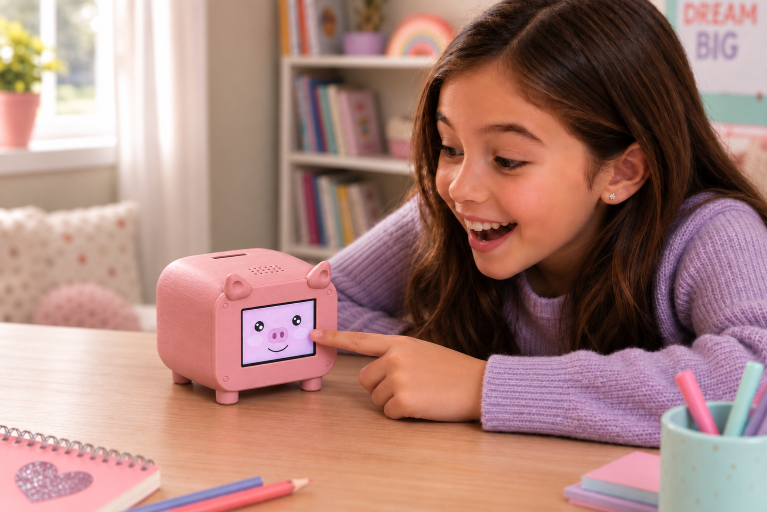 A happy girl taps the animated pig face on the pink Piggy smart piggy bank's touchscreen