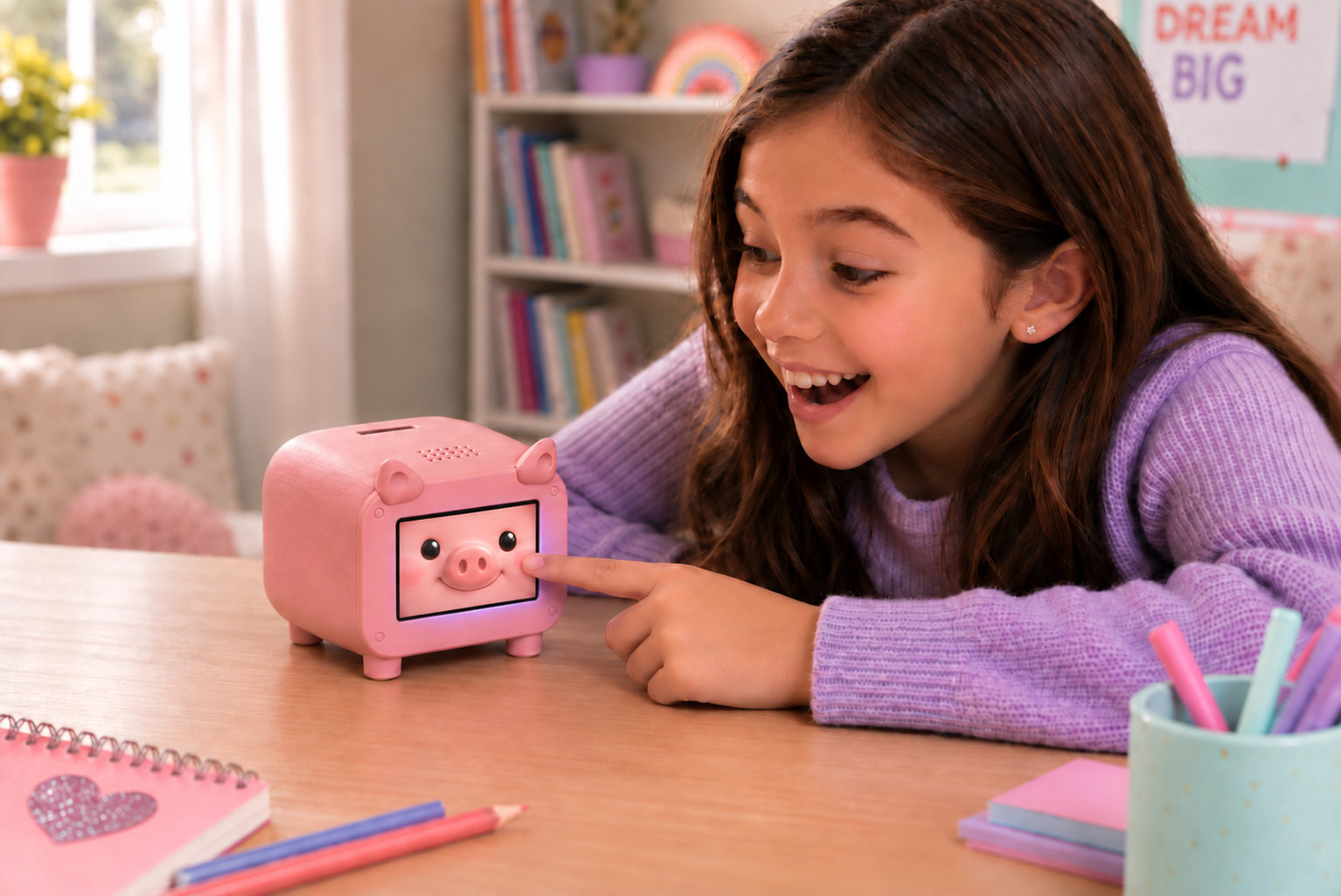 A child playing with the pink Piggy touchscreen piggy bank
